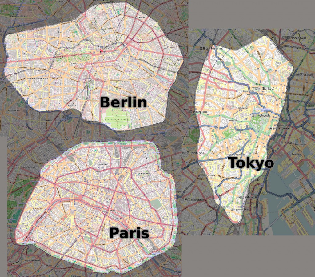 Les cartes de Berlin Paris et Tokyo, l'intérieur de leurs lignes de métro circulaires respectives sont mises en évidence.