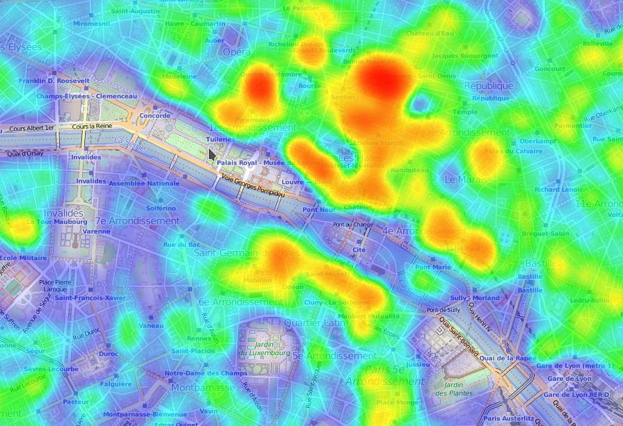 A plan of a part of Paris in OpenStreetMap default style, covered by a layer of heatmap