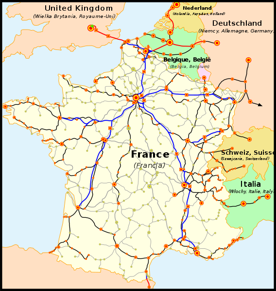 Une carte du territoire français continental. Les ligne de TGV sont en évidence. Elles partent toutes de Paris pour aller vers Rennes, Lille, Strasbourg, Mulhouse, Lyon, Marseille et Bordeaux.
Les autres lignes couvrent une grande partie du territoire.
