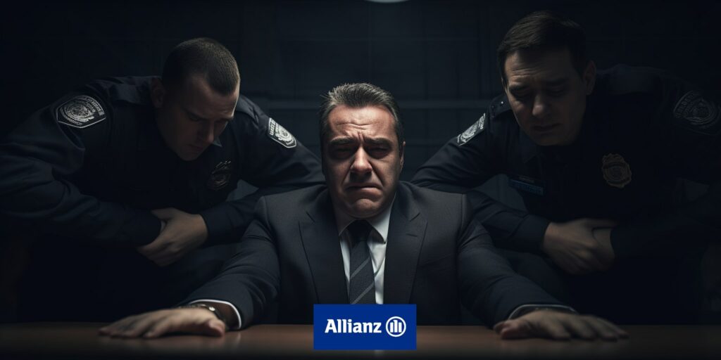Photomontage d'un businessman assis l'air défait, les deux mains posées à plat sur la table devant lui, entourés de deux policiers états-uniens. Un logo Allianz illustre le montage.