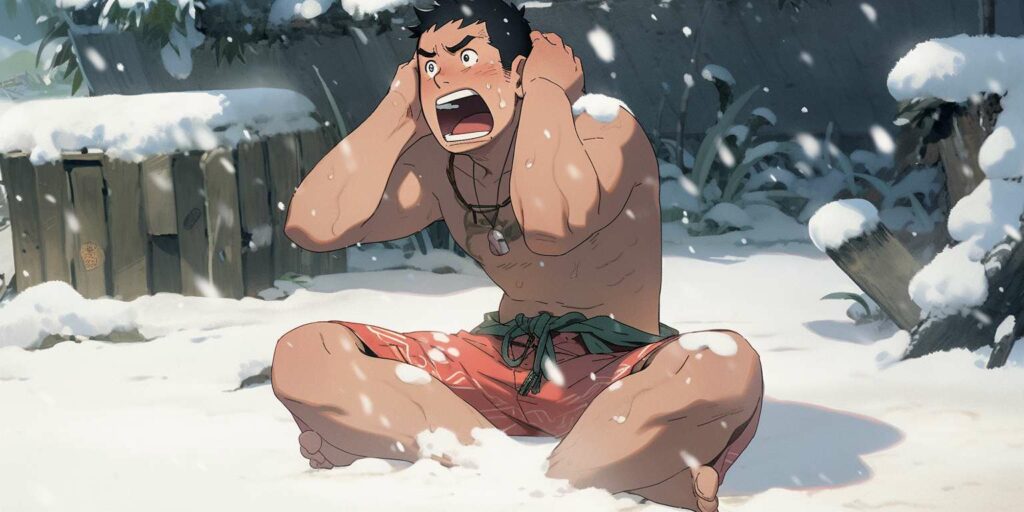 Dessin de type anime d'un jeune homme en maillot de bain rouge assis en tailleur dans la neige devant un bâtiment en bois. Il tient ses mains derrière sa tête. Sa bouche ouverte et ses yeux regardant dans le vide semblent témoigner de la surprise ou le désespoire.