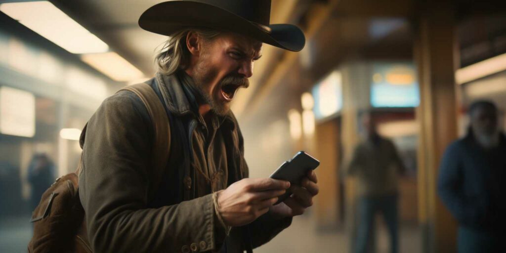 Un homme avec un look de type cowboy tenant un smartphone. Il a la bouche ouverte et son visage exprime la colère. Il porte un chapeau de cowboy et un sac à dos. L'arrière plan flou pourrait être les couloirs commerçant d'une gare.