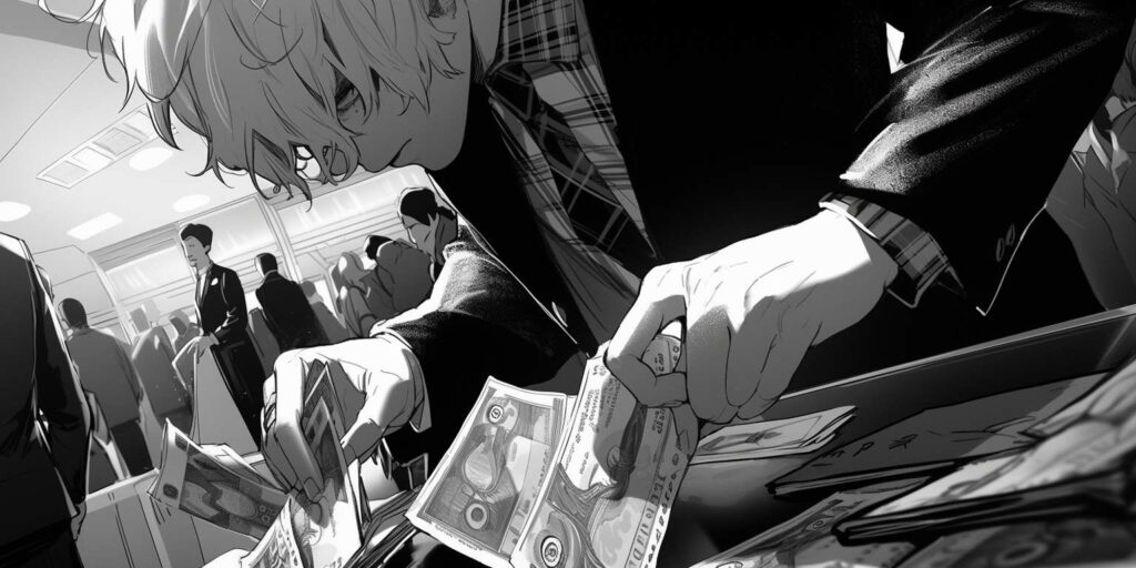 Dessin de type manga: à un comptoir de gare un homme blond portant une veste de costume et une chemise à carreau saisit de ses deux mains des billets de banque