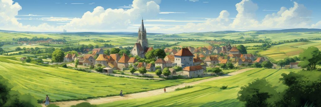 Dessin en couleur: vue un petit village rural avec une église en son centre dans un paysage de champs verts légèrement vallonnés. Un chemin au premier plan avec trois personnes.