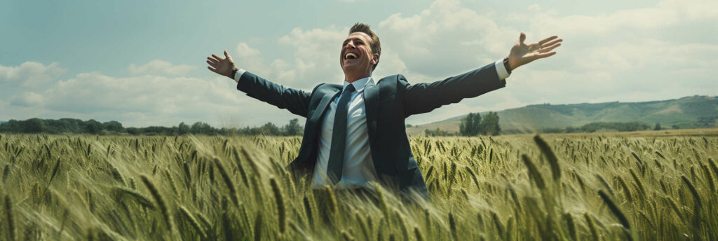 Un homme en costume sombre et chemise blanche jubilant les bras écartés paumes ouvertes dan un champ de blé. Arbres et colline en arrière plan.