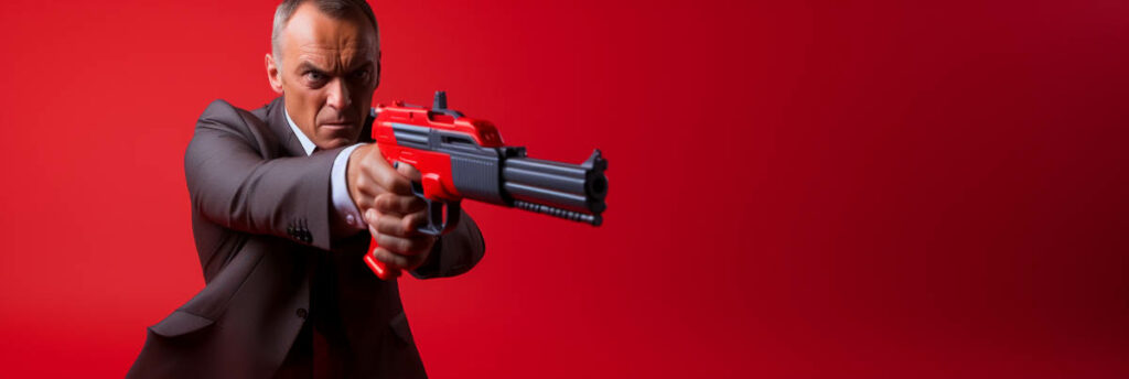 Sur fond de dégradé rouge, un homme d'environ 50 ans en costume sombre pointe un pistolet-jouet rouge et noir 