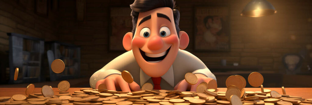 Scène de type Pixar: un homme rieur en chemise blanche et cravate rouge est assis à une table couverte de pièces de cuivres dont certaines semble en train de tomber