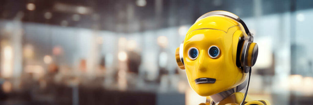 Photo d'un androïde jaune avec des yeux ronds et une bouche apathique, portant un casque audio, sur un fond flou de bureau